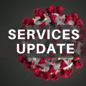 Service Update text over CDC photo of coronavirus